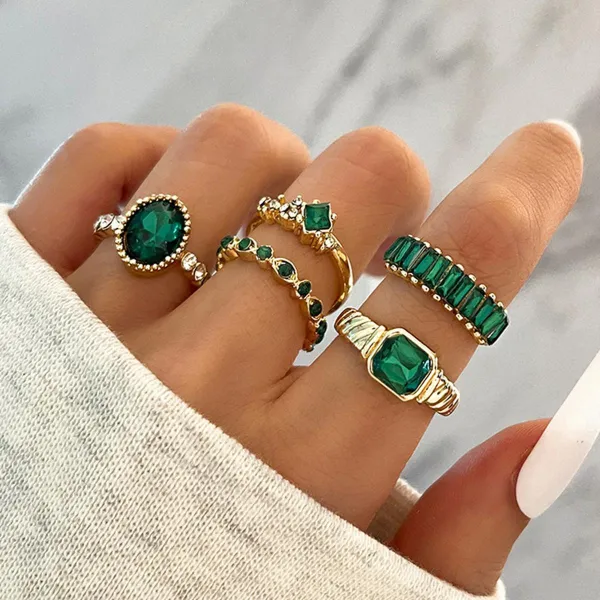 Green Geometric Finger Ring Set (5 pcs)